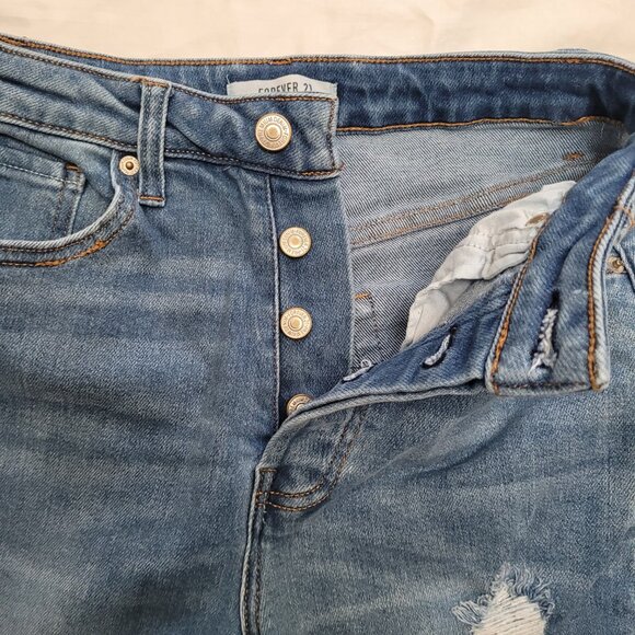 Button Fly Distressed Jeans Medium Wash Size 26 Stretchy Forever 21 - Picture 3 of 14